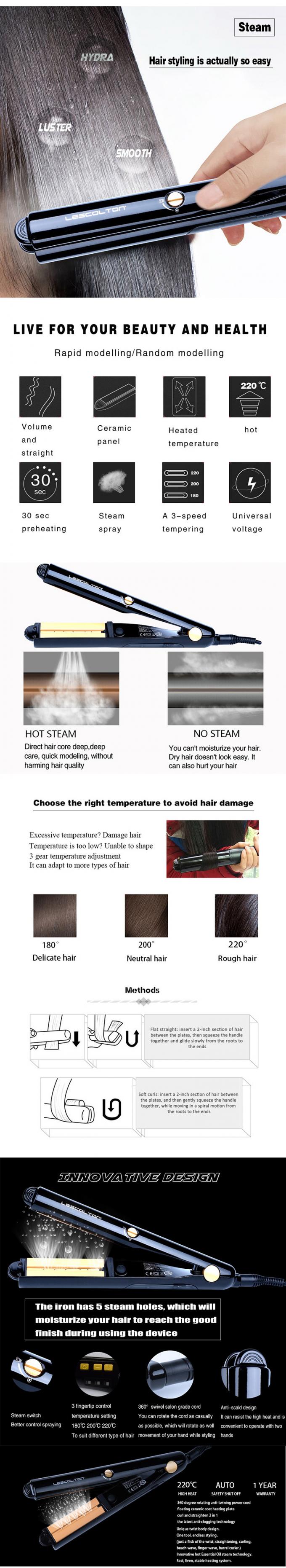 Straightener cerâmico do cabelo do ferro liso da função do vapor anti - tecnologia de obstrução